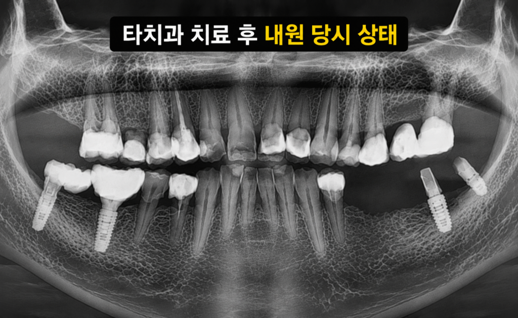 망월동 치과 양쪽 어금니 문제로 첫 내원한 환자의 위아래 치아 및 잇몸뼈 흡수 상태를 보여주는 전체 파노라마 엑스레이 진단 이미지