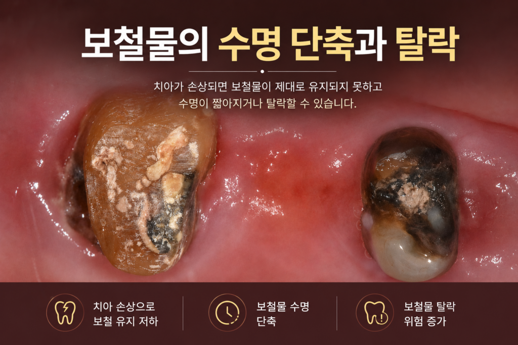 풍산동 치과 임플란트 시술후 통증 원인이 되는 대합치의 내부 충치 및 보철물 수명 단축으로 인한 탈락 위험성 안내 이미지
