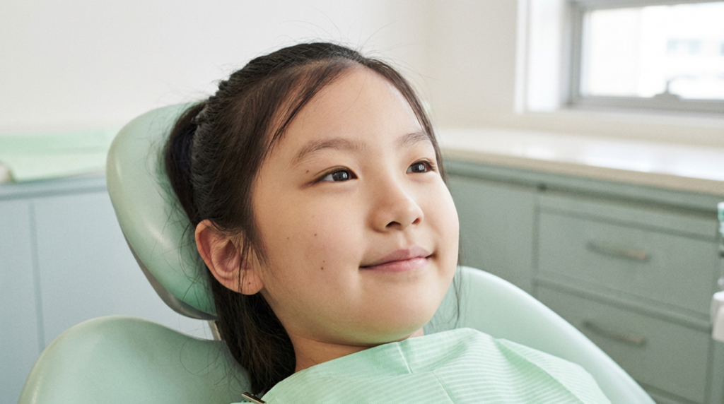 치과 검진 의자에 앉아 웃는 아이, 아이 치아교정 시기 상담