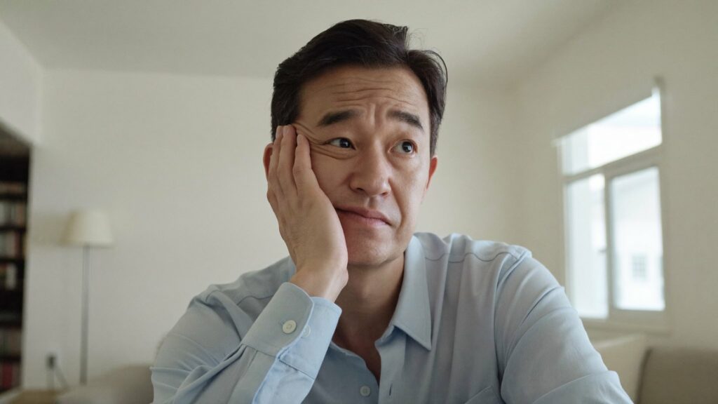 씌운 치아가 불편해 볼을 짚은 모습
