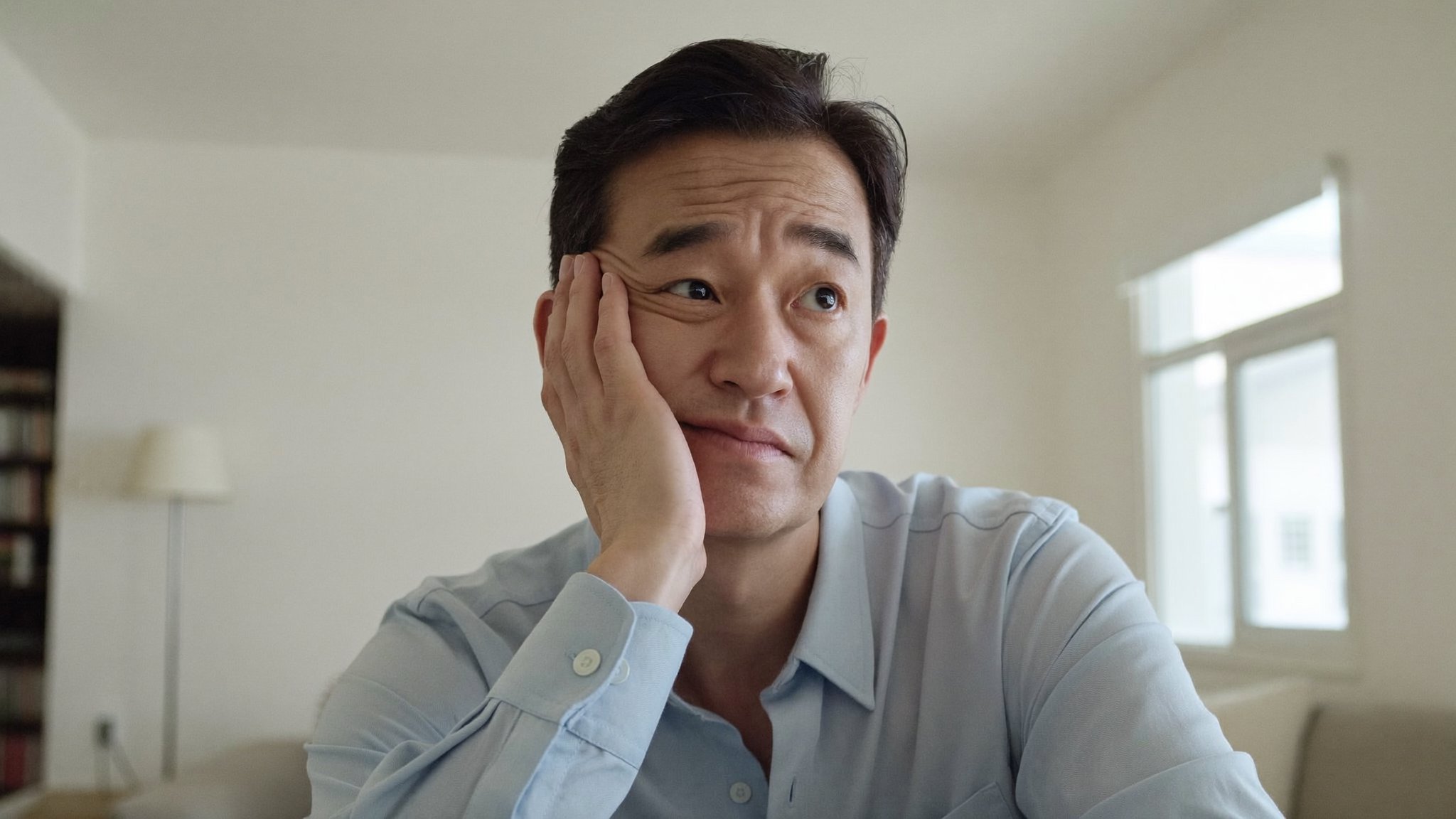 씌운 치아가 불편해 볼을 짚은 사람