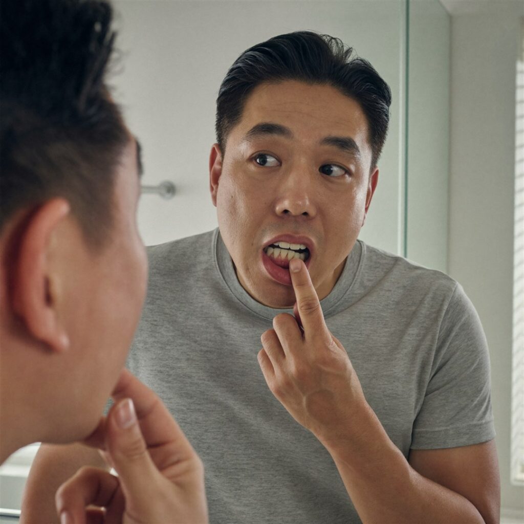 거울로 임플란트 주변 잇몸을 확인하는 모습