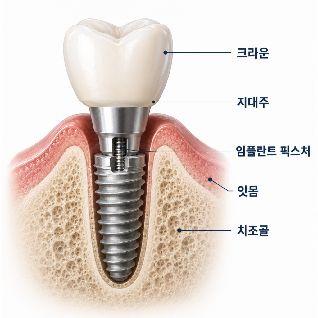 강동구 치과가 설명하는 임플란트 재수술, 나사형 픽스처와 크라운으로 이루어진 임플란트 구조